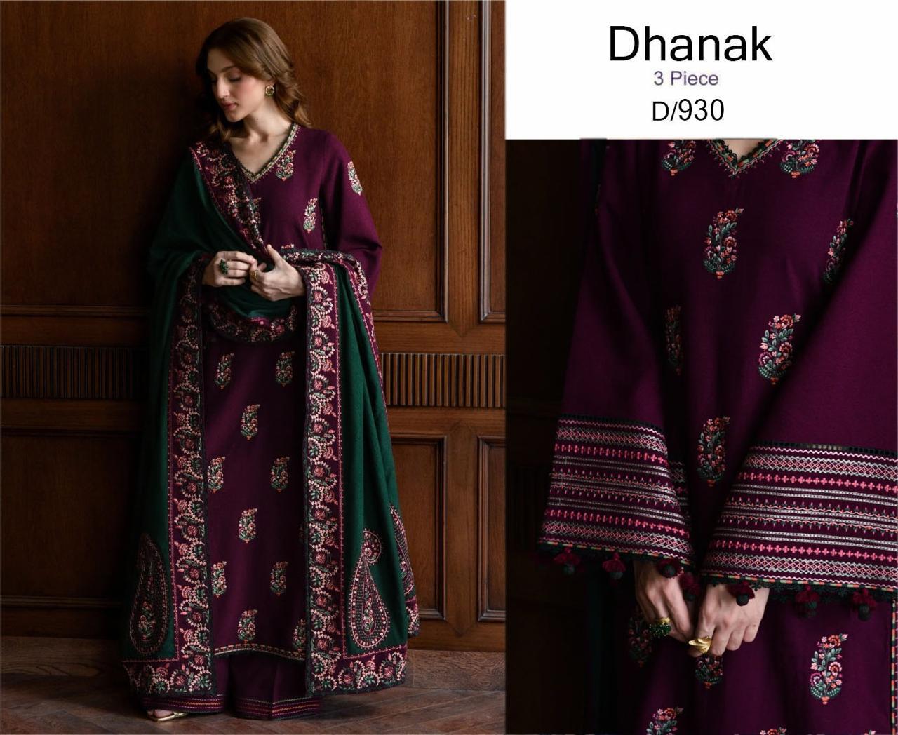 WINTER-3PC DHANAK EMBROIDERED SHIRT WITH DHANAK EMBROIDERED SHAWL AND TROUSER-4331