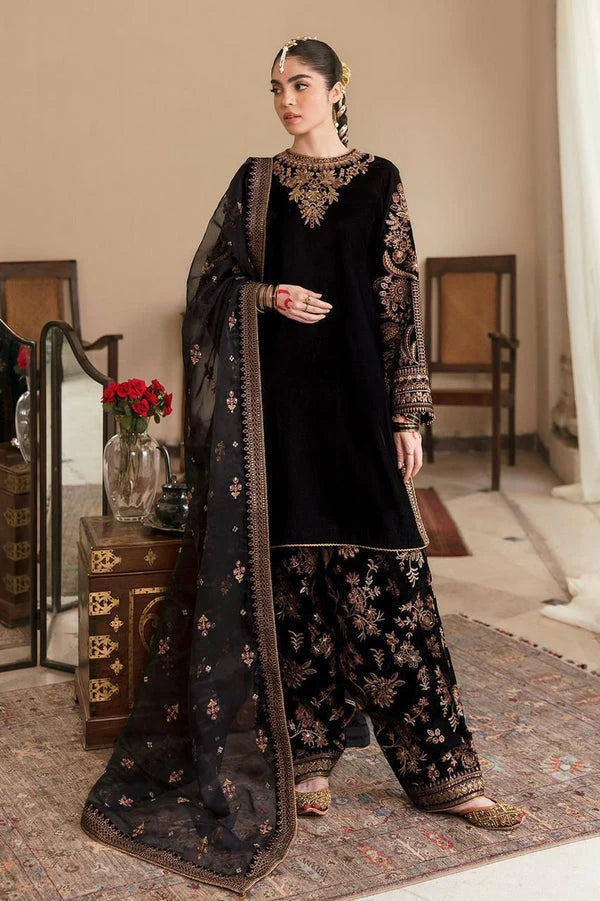 3 Piece Unstitched Heavy Embroidered Velvet Suit ( Four Sided Embroidered Organza Dupatta )