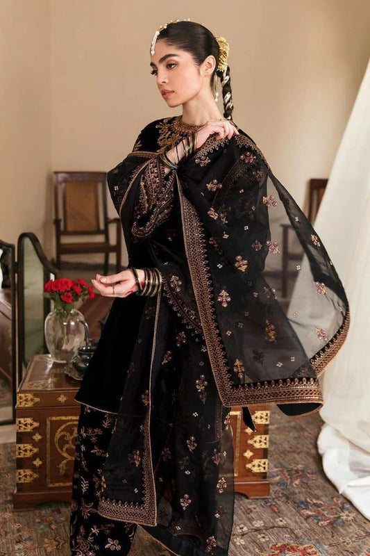 3 Piece Unstitched Heavy Embroidered Velvet Suit ( Four Sided Embroidered Organza Dupatta )